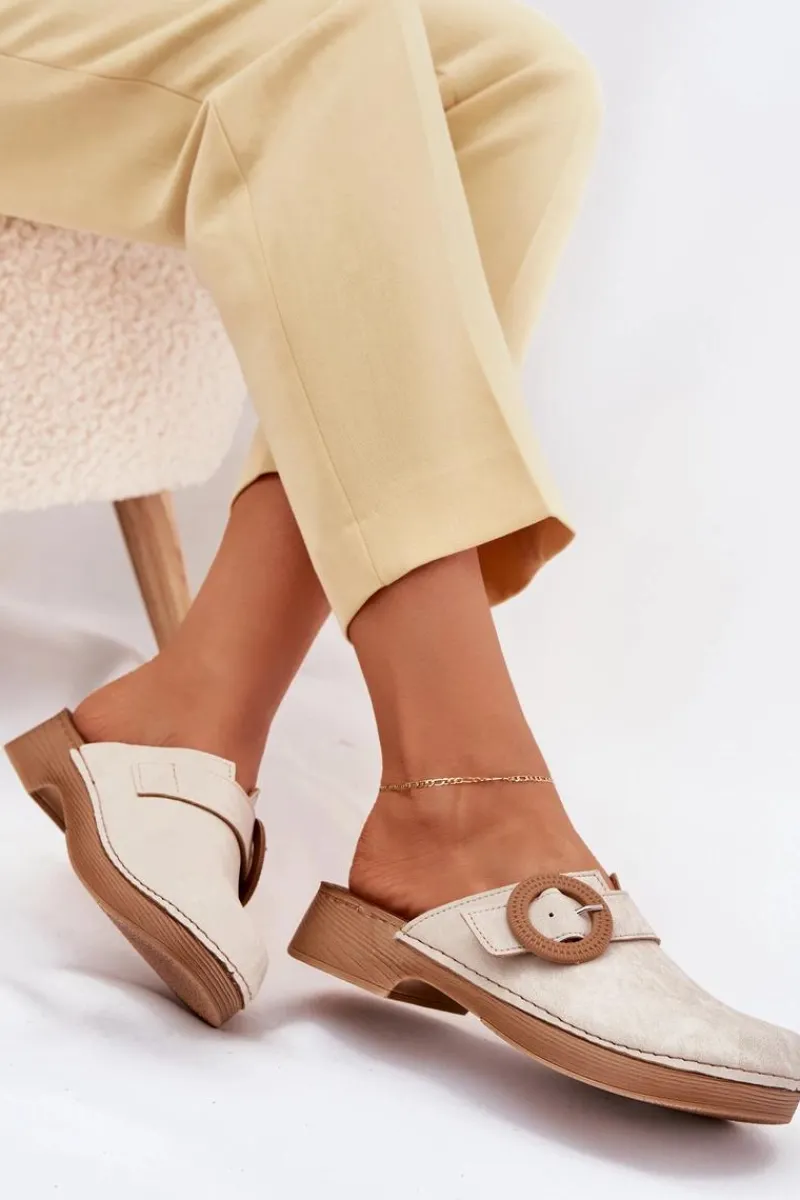 Klapki Damskie Klasyczne>INBLU Klapki Chodaki Damskie Z Klamrą TF000001 Beżowe