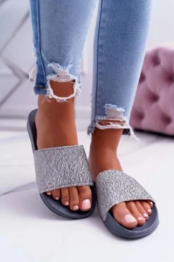 Online Big Star Shoes Klapki Damskie Big Star Brokatowe Szare AA274A162