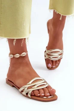 Clearance Boto Klapki Damskie Eko Skórzane Na Płaskim Obcasie Złote Moldela