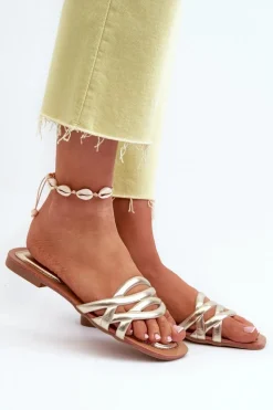 Clearance Boto Klapki Damskie Eko Skórzane Na Płaskim Obcasie Złote Moldela