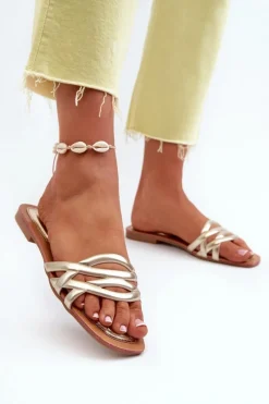 Clearance Boto Klapki Damskie Eko Skórzane Na Płaskim Obcasie Złote Moldela