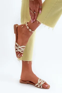 Clearance Boto Klapki Damskie Eko Skórzane Na Płaskim Obcasie Złote Moldela