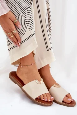 Klapki Damskie Klasyczne>Boto Klapki Damskie Eko Skórzane Z Ozdobnymi Detalami Beżowe Mevith Beżowy