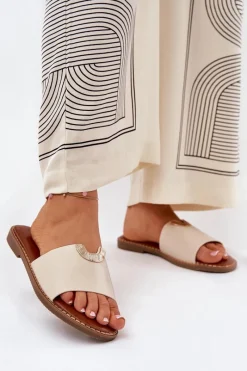 Klapki Damskie Klasyczne>Boto Klapki Damskie Eko Skórzane Z Ozdobnymi Detalami Beżowe Mevith Beżowy