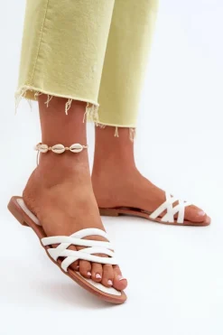 New Klapki Damskie Eko Skórzane Na Płaskim Obcasie Białe Moldela Damskie Klapki Damskie Klasyczne