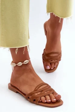 Clearance Boto Klapki Damskie Eko Skórzane Na Płaskim Obcasie Brązowe Moldela Brązowy