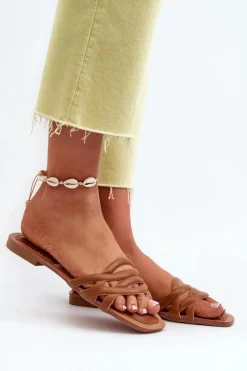 Clearance Boto Klapki Damskie Eko Skórzane Na Płaskim Obcasie Brązowe Moldela Brązowy