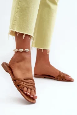 Clearance Boto Klapki Damskie Eko Skórzane Na Płaskim Obcasie Brązowe Moldela Brązowy