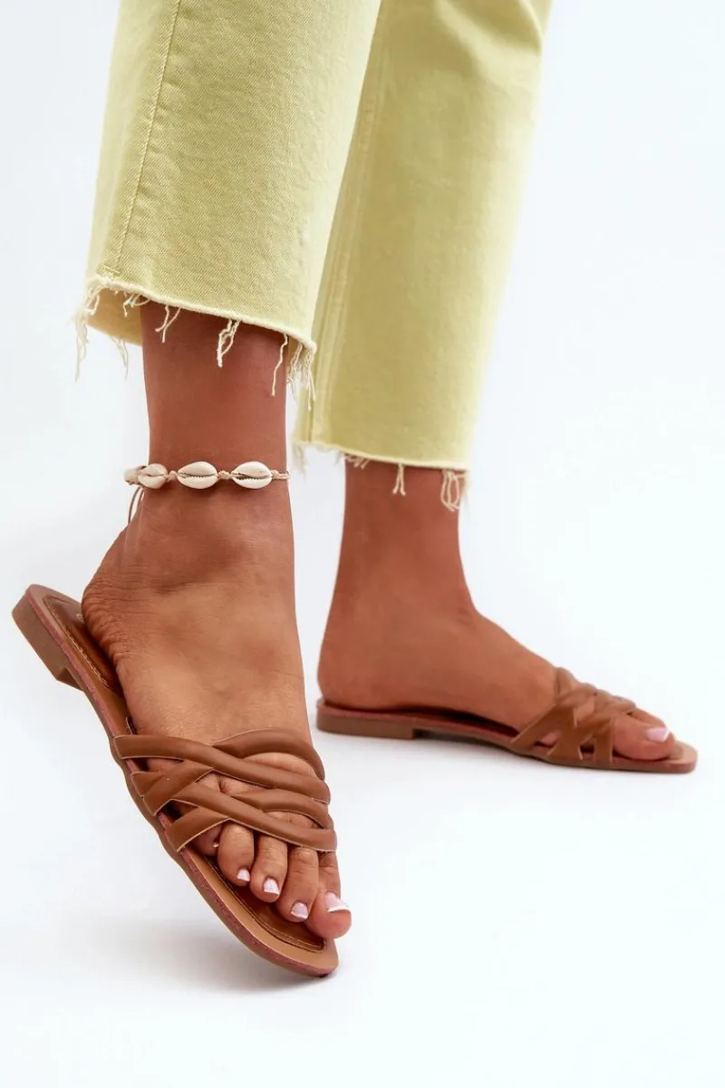 Clearance Boto Klapki Damskie Eko Skórzane Na Płaskim Obcasie Brązowe Moldela Brązowy