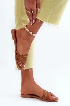 Clearance Boto Klapki Damskie Eko Skórzane Na Płaskim Obcasie Brązowe Moldela Brązowy