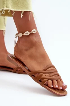 Clearance Boto Klapki Damskie Eko Skórzane Na Płaskim Obcasie Brązowe Moldela Brązowy