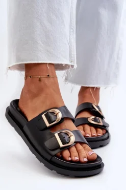 Outlet Klapki Damskie Eko Skórzane Z Klamrami Czarne Valmira Damskie Klapki Damskie Klasyczne