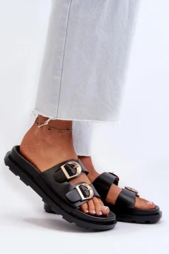 Outlet Klapki Damskie Eko Skórzane Z Klamrami Czarne Valmira Damskie Klapki Damskie Klasyczne