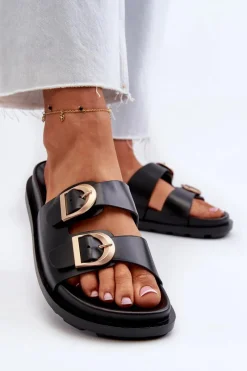 Outlet Klapki Damskie Eko Skórzane Z Klamrami Czarne Valmira Damskie Klapki Damskie Klasyczne