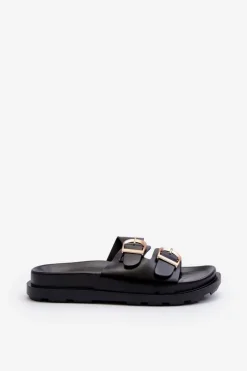 Outlet Klapki Damskie Eko Skórzane Z Klamrami Czarne Valmira Damskie Klapki Damskie Klasyczne