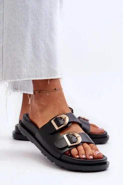 Outlet Klapki Damskie Eko Skórzane Z Klamrami Czarne Valmira Damskie Klapki Damskie Klasyczne