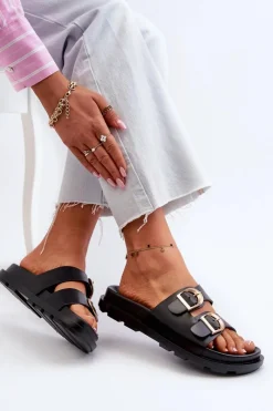 Outlet Klapki Damskie Eko Skórzane Z Klamrami Czarne Valmira Damskie Klapki Damskie Klasyczne