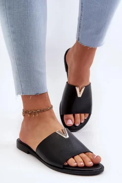 Outlet Evento Klapki Damskie Eko Skórzane Na Płaskim Obcasie Czarne Maliha Czarny