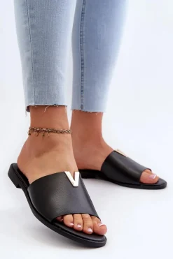 Outlet Evento Klapki Damskie Eko Skórzane Na Płaskim Obcasie Czarne Maliha Czarny