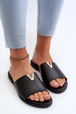 Outlet Evento Klapki Damskie Eko Skórzane Na Płaskim Obcasie Czarne Maliha Czarny