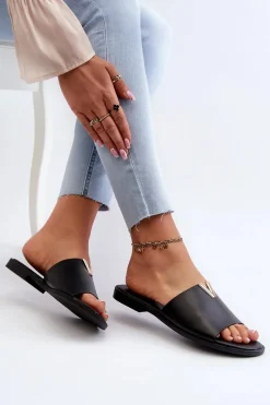 Outlet Evento Klapki Damskie Eko Skórzane Na Płaskim Obcasie Czarne Maliha Czarny