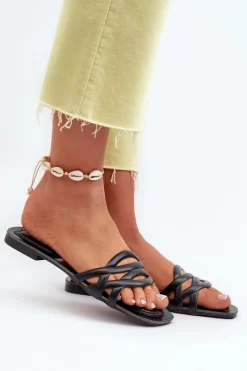 Clearance Boto Klapki Damskie Eko Skórzane Na Płaskim Obcasie Czarne Moldela Czarny