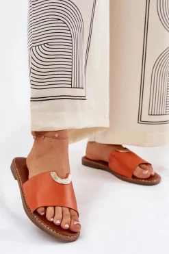 Clearance Boto Klapki Damskie Eko Skórzane Z Ozdobnymi Detalami Pomarańczowe Mevith Pomarańczowy