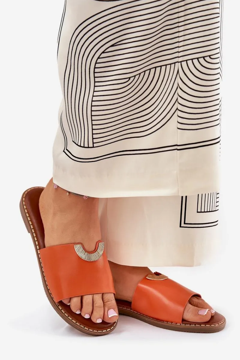 Clearance Boto Klapki Damskie Eko Skórzane Z Ozdobnymi Detalami Pomarańczowe Mevith Pomarańczowy