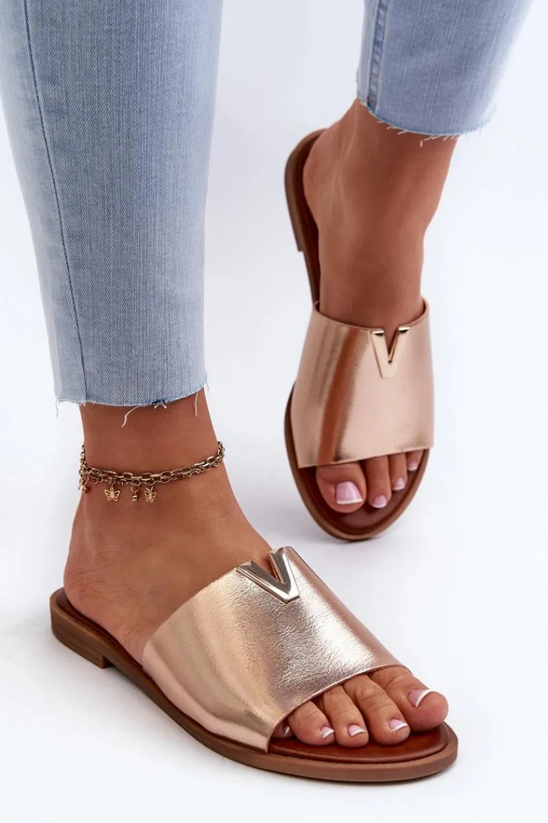 Hot Klapki Damskie Eko Skórzane Na Płaskim Obcasie Złote Maliha Damskie Klapki Damskie Klasyczne