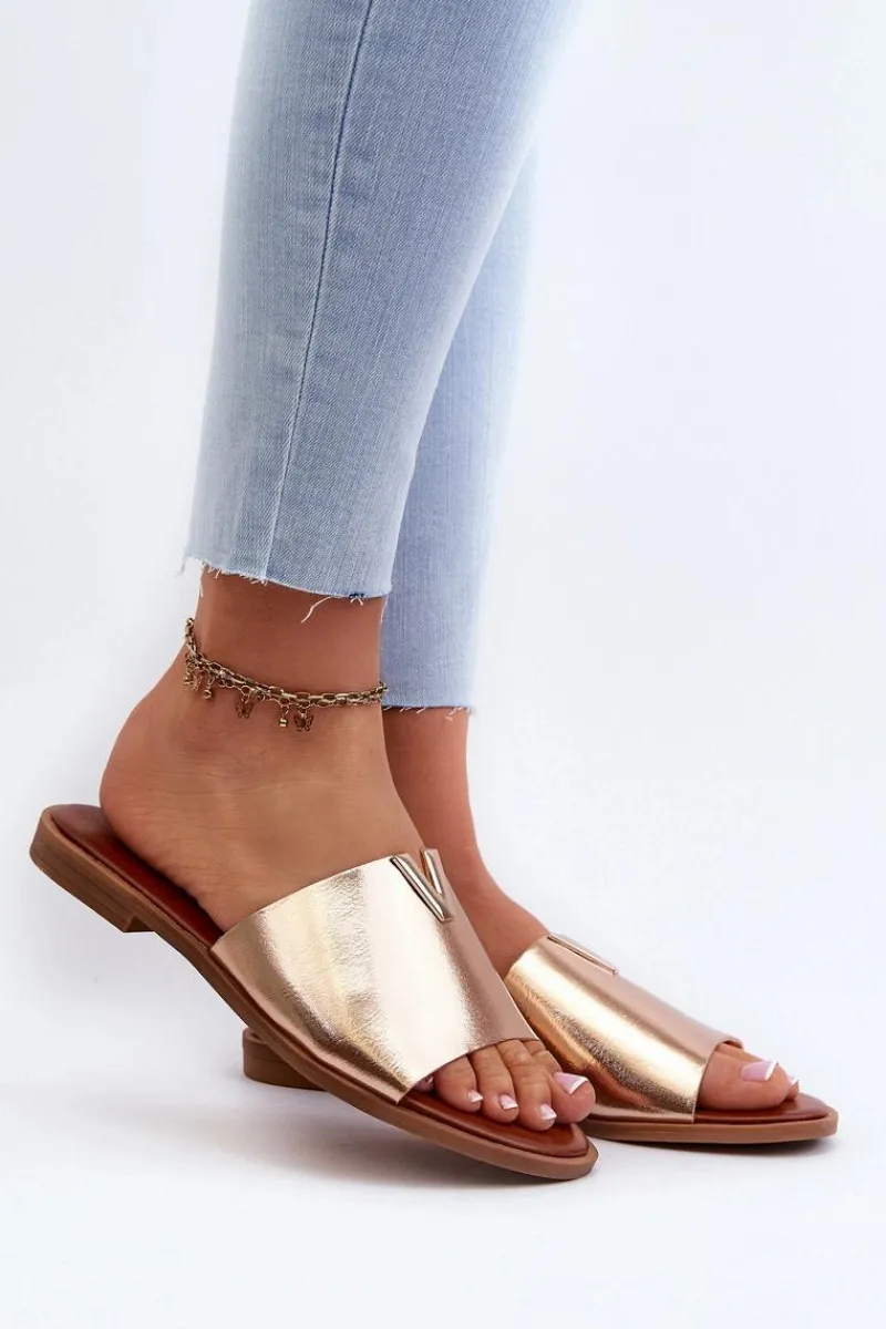 Hot Klapki Damskie Eko Skórzane Na Płaskim Obcasie Złote Maliha Damskie Klapki Damskie Klasyczne