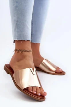 Hot Klapki Damskie Eko Skórzane Na Płaskim Obcasie Złote Maliha Damskie Klapki Damskie Klasyczne