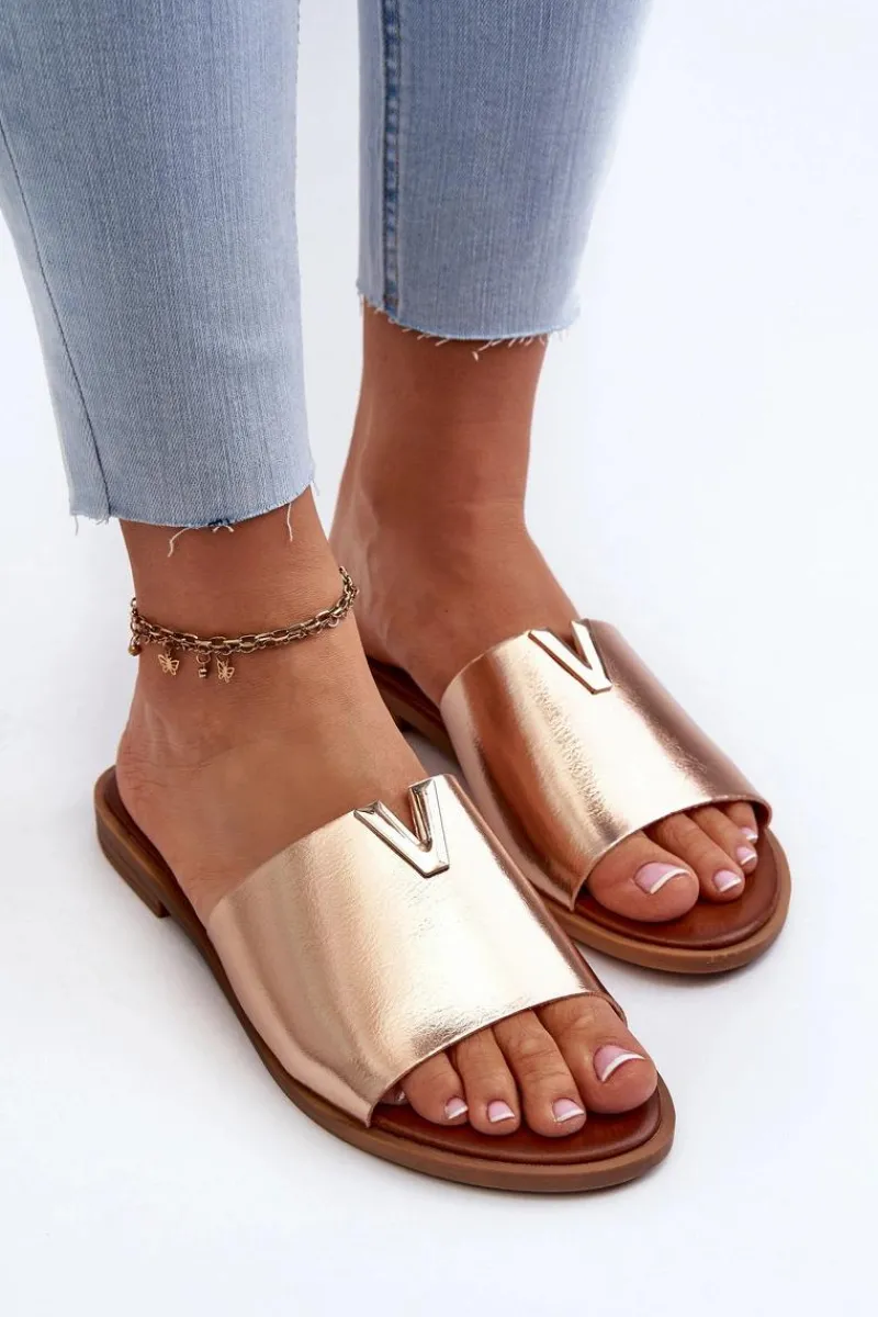 Hot Klapki Damskie Eko Skórzane Na Płaskim Obcasie Złote Maliha Damskie Klapki Damskie Klasyczne