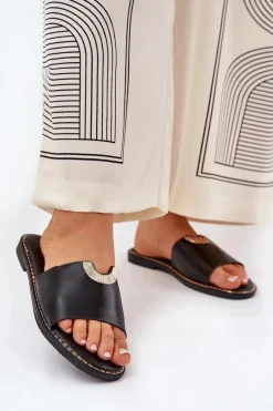 Outlet Klapki Damskie Eko Skórzane Z Ozdobnymi Detalami Czarne Mevith Damskie Klapki Damskie Klasyczne