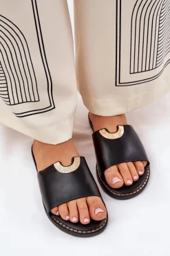 Outlet Klapki Damskie Eko Skórzane Z Ozdobnymi Detalami Czarne Mevith Damskie Klapki Damskie Klasyczne