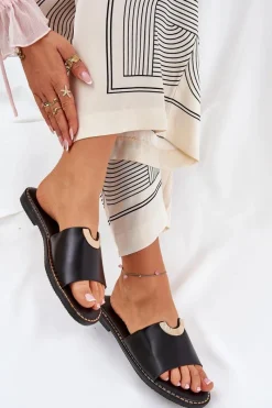 Outlet Klapki Damskie Eko Skórzane Z Ozdobnymi Detalami Czarne Mevith Damskie Klapki Damskie Klasyczne