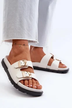 Online Boto Klapki Damskie Eko Skórzane Z Klamrami Białe Valmira