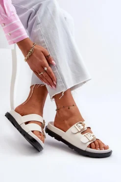 Online Boto Klapki Damskie Eko Skórzane Z Klamrami Białe Valmira