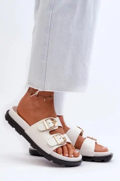 Online Boto Klapki Damskie Eko Skórzane Z Klamrami Białe Valmira