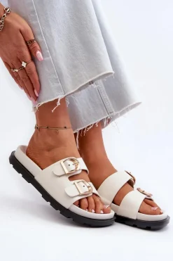 Online Boto Klapki Damskie Eko Skórzane Z Klamrami Białe Valmira