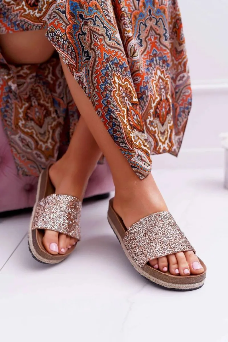 New Damskie buty S.Barski Klapki Damskie Eleganckie Gruba Podeszwa Złote Jersey