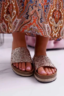 New Damskie buty S.Barski Klapki Damskie Eleganckie Gruba Podeszwa Złote Jersey