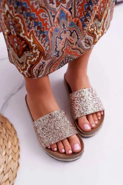 New Damskie buty S.Barski Klapki Damskie Eleganckie Gruba Podeszwa Złote Jersey