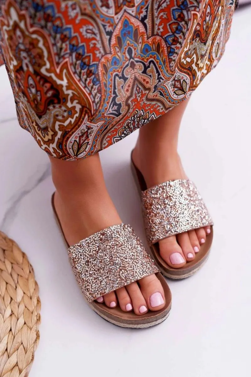 New Damskie buty S.Barski Klapki Damskie Eleganckie Gruba Podeszwa Złote Jersey