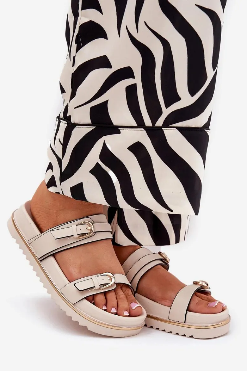 Klapki Na Platformie|Klapki Damskie Klasyczne>Boto Klapki Damskie Gładkie Na Platformie Z Paskami I Klamrami Jasnobeżowe Ziferte