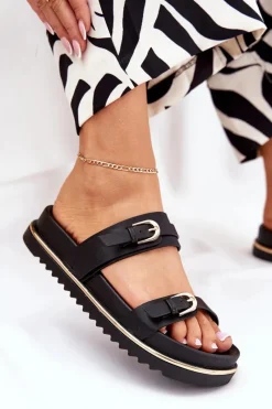 Sale Boto Klapki Damskie Gładkie Na Platformie Z Paskami I Klamrami Czarne Ziferte Czarny