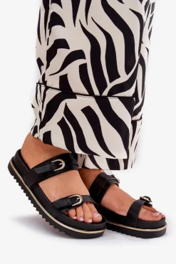 Sale Boto Klapki Damskie Gładkie Na Platformie Z Paskami I Klamrami Czarne Ziferte Czarny