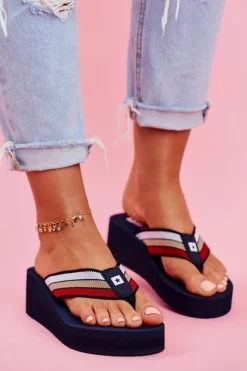 Big Star Shoes Klapki Damskie Japonki Big Star na Koturnie Granatowe FF274A301