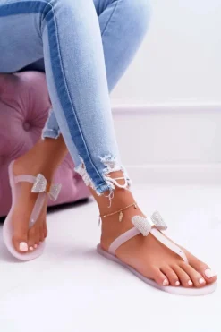 Best Boto Klapki Damskie Japonki Meliski Kokardki z Cyrkoniami Różowe Morello