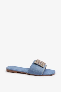 Outlet Boto Klapki Damskie Jeansowe Na Płaskim Obcasie Z Ozdobą Niebieskie Inaile