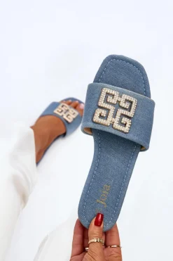 Outlet Boto Klapki Damskie Jeansowe Na Płaskim Obcasie Z Ozdobą Niebieskie Inaile